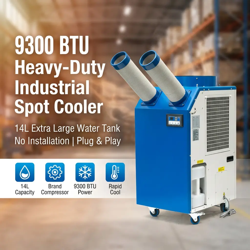 OEM 14L خزان كبير 2700 واط الطاقة 9300BTU ضاغط دوار المحمولة بقعة برودة مكيف الهواء الصناعي لورشة العمل